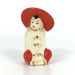Mid Century Sitting Asian Woman in Red Hat Figurine